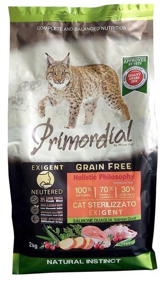 Primordial Cat Grain Free Neutered Exigent Salmon & Quail 2kg Primordial Cat Grain Free Neutered Exigent Salmon & Quail 2kg