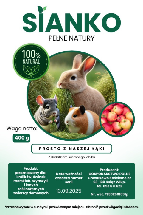 Sianko siano z jabłkiem dla królika, świnki morskiej, szynszyla, gryzoni 400 g