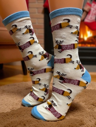 Skarpetki Świąteczne Jamniki Damskie (kremowe)