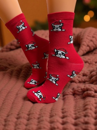 Skarpetki świąteczne damskie w Buldogi (czerwone)