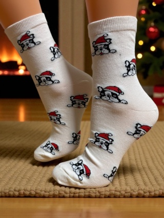 Skarpetki świąteczne damskie w Buldogi (kremowe)