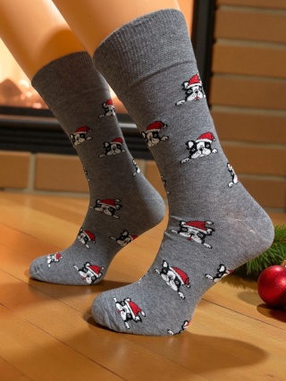 Skarpetki świąteczne męskie w Buldogi (szare)